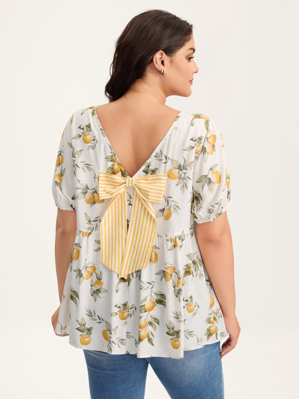 BloomChic White Lemon-Print Puff Sleeve Top with Yellow Stripe Bow